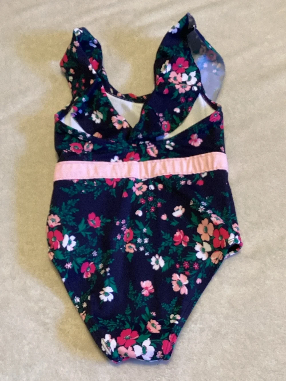 Janie and Jack Navy Floral One-Piece with Pink Bow Belt